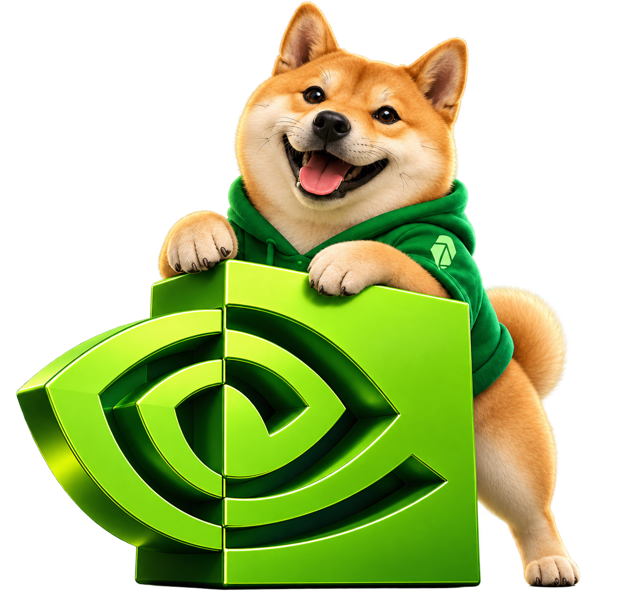 Shiba Inu in a green hoodie standing behind a lime 3D NVDA emblem
